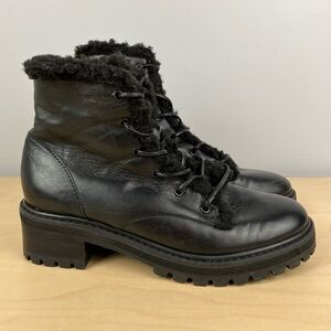 Schutz Women’s Size 5.5 B Black Leather Lace Up Combat Boots Fur Trim